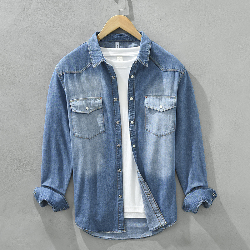 8807 Japanese Retro Denim Shirt Long-Sleeve Trendy Versatile Gradient Casual Men's Shirt Jacket Wholesale