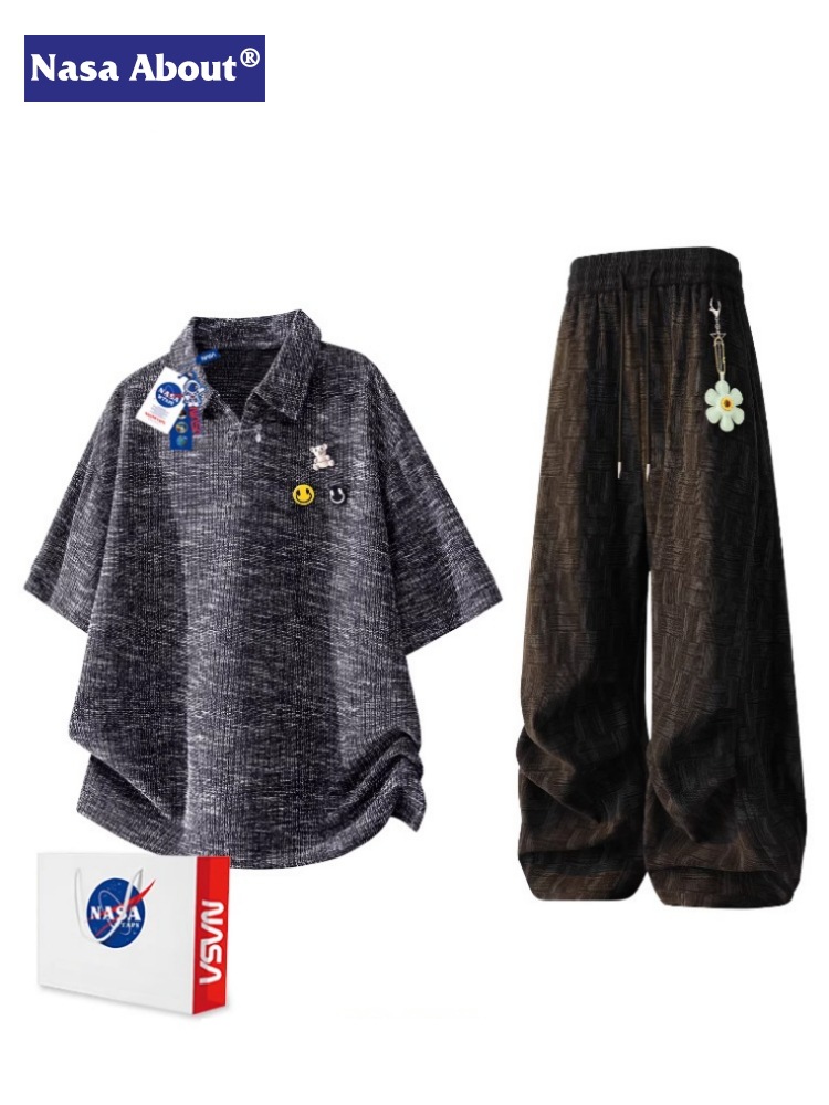 Nasa about Men's Casual Suit 2026 Summer Lapel Short-Sleeve Drawstring Pants Trendy Cool Style Complete Set for Men