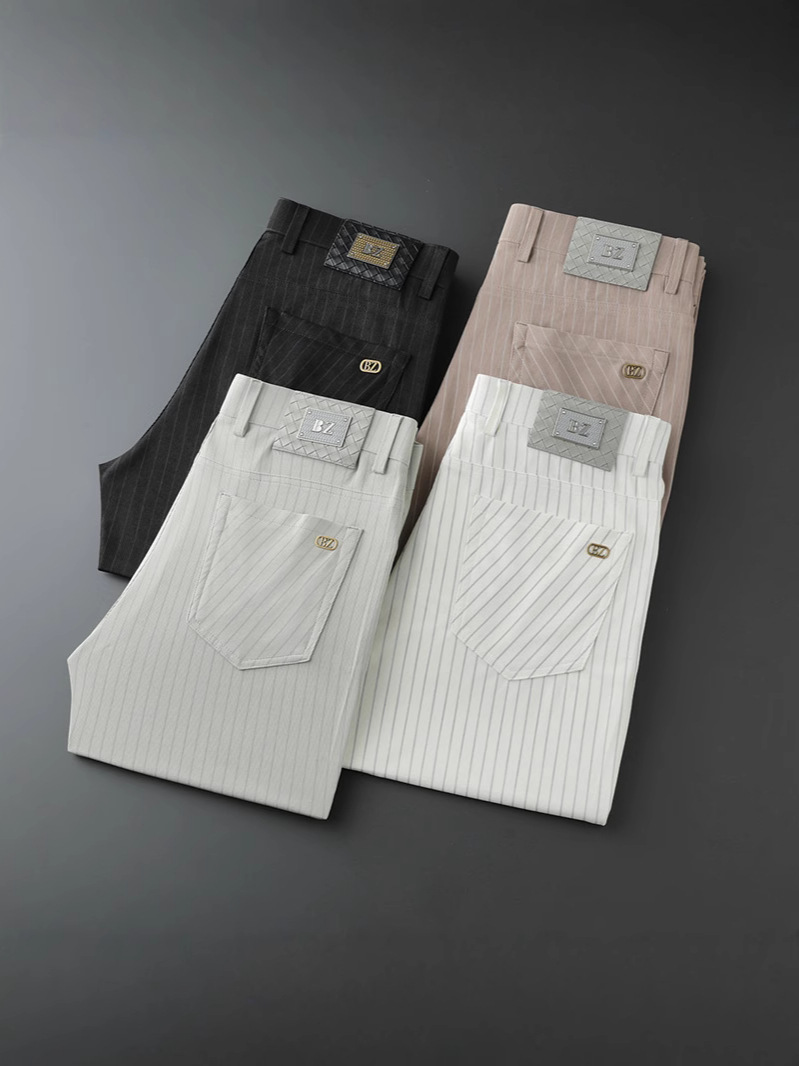 Quality European Light Luxury Ice Silk Casual Pants Men's Summer Lightweight Breathable High Elastic Striped Light Business Straight Straight Trousers