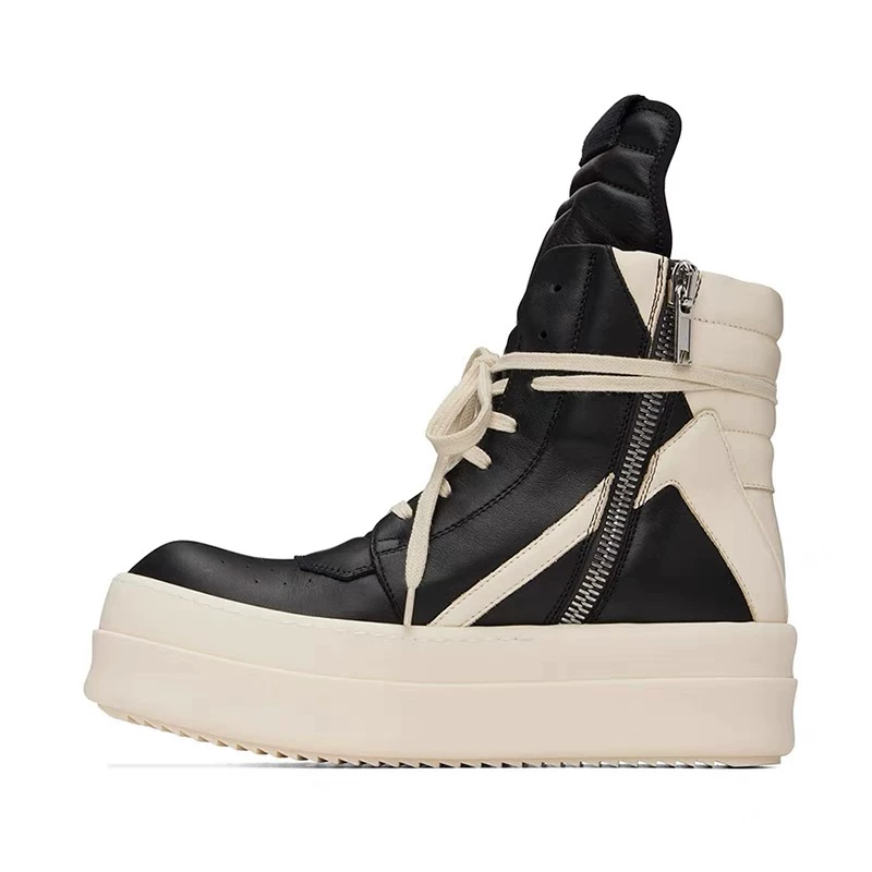 Autumn new high top shoes for men, thick soled height increasing casual shoes, men's trendy fashion, leather splicing, large tongue sports shoes