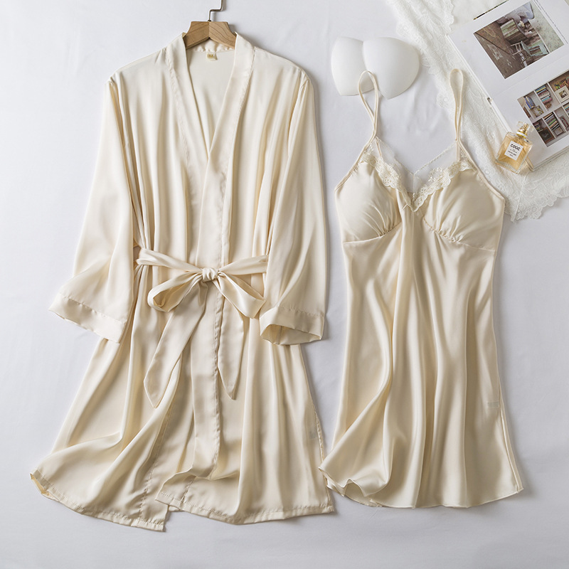 2025 New Summer Pajamas for Women, Ice Silk Thin Suspender Nightgown, Two-Piece Set with Breast Pads