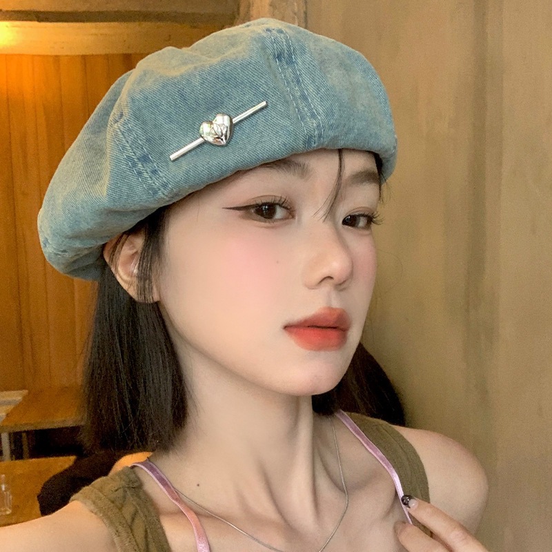 Heart-Shaped Blue Washed Denim Beret for Women, Summer Thin Breathable Octagonal Artist Hat, Large Head Circumference, Face-Slimming Hat