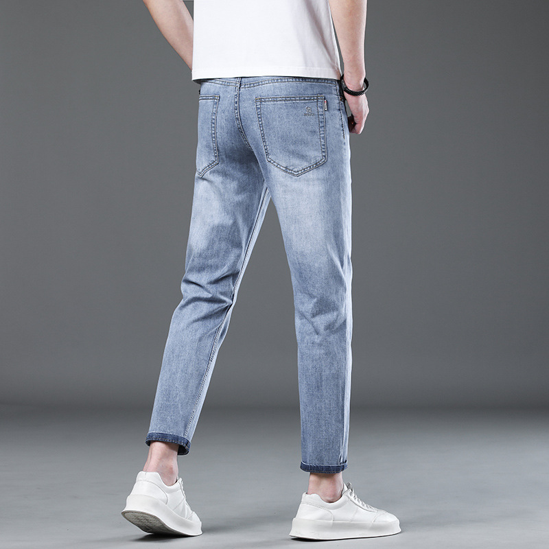 Spring and summer washed jeans men's slim straight retro nostalgic stretch trendy all-match cropped casual pants