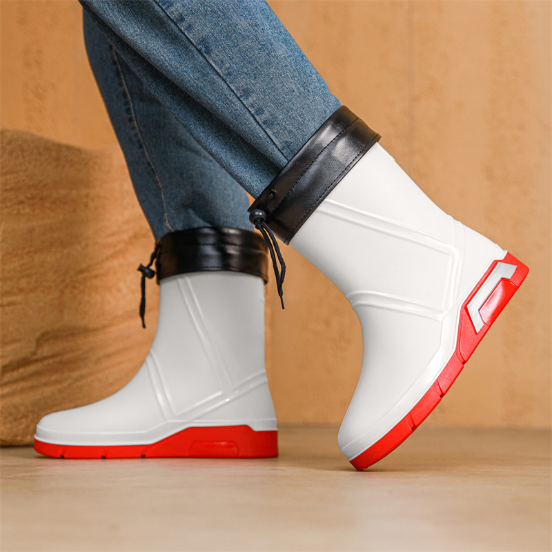 Fashionable new men's rain boots four seasons mid-barrel cork cotton waterproof non-slip wear-resistant kitchen work fishing rubber shoes