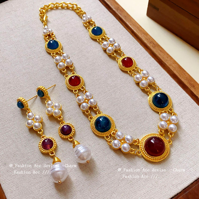 Medieval Vintage Necklace Geometric Artificial Pearl Double-Layer Clavicle Chain Palace Style Fashion Personalized Necklace Wholesale