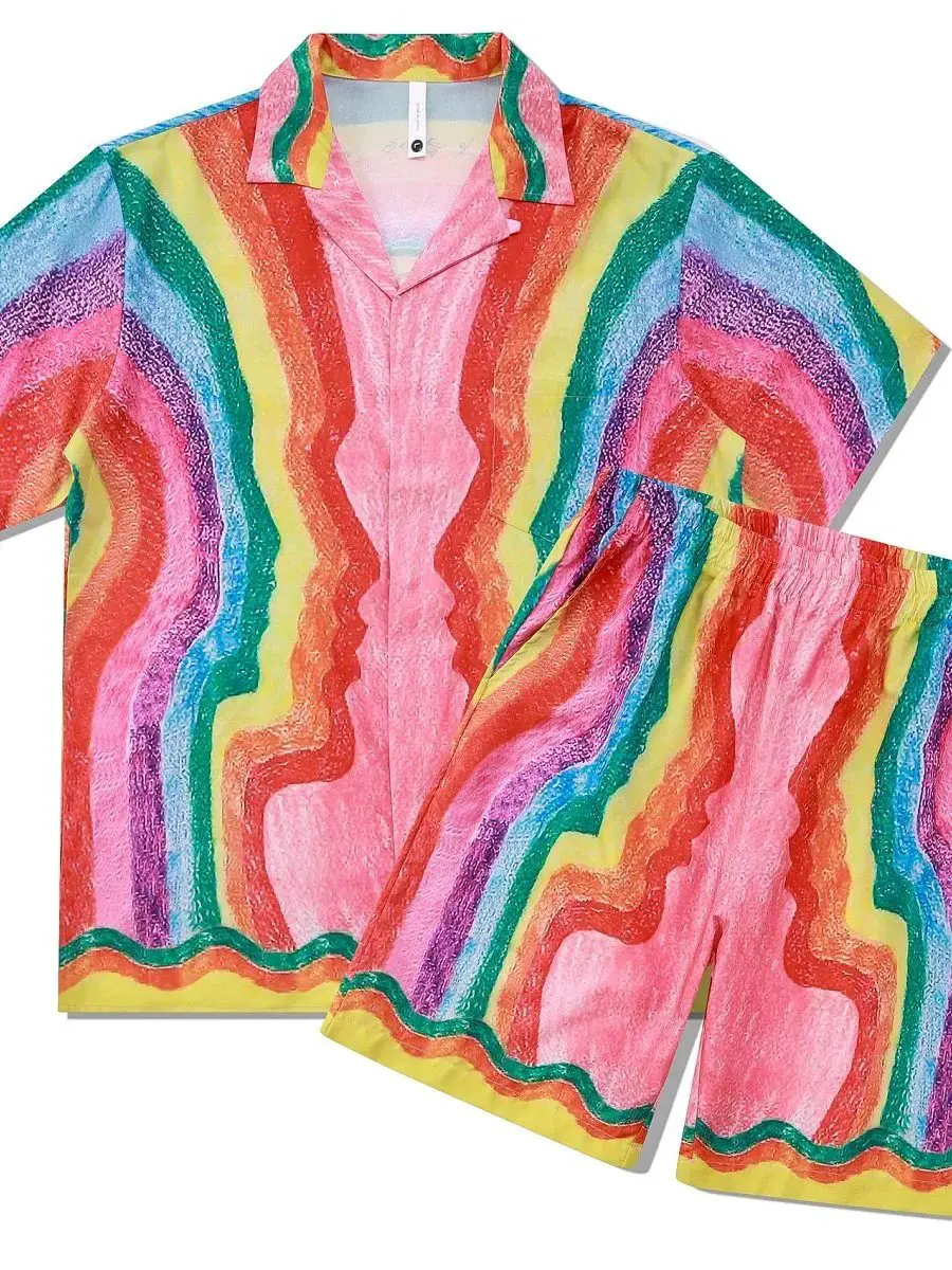 美式撞色夏威夷短袖衬衣两件套Men's printed short sleeved suit