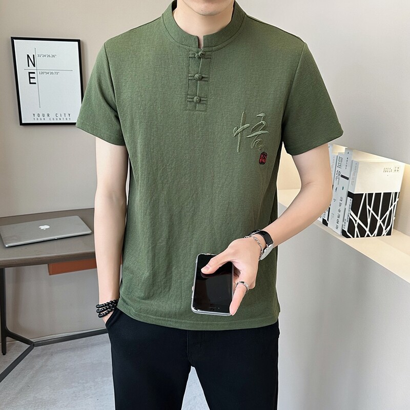 Men's Summer Retro Cotton and Linen Short-Sleeved T-Shirt Chinese Style Linen Fabric Chinese Style Short-Sleeved T-Shirt for Men