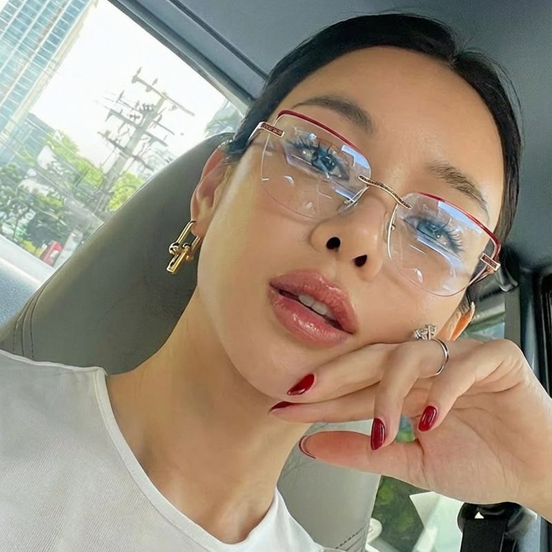 Cat-Eye Rimless Glasses Frame for Women, Korean Style Internet Celebrity Ins Glitter Glasses, Retro Fashion European and American Anti-Blue Light Plain Glasses
