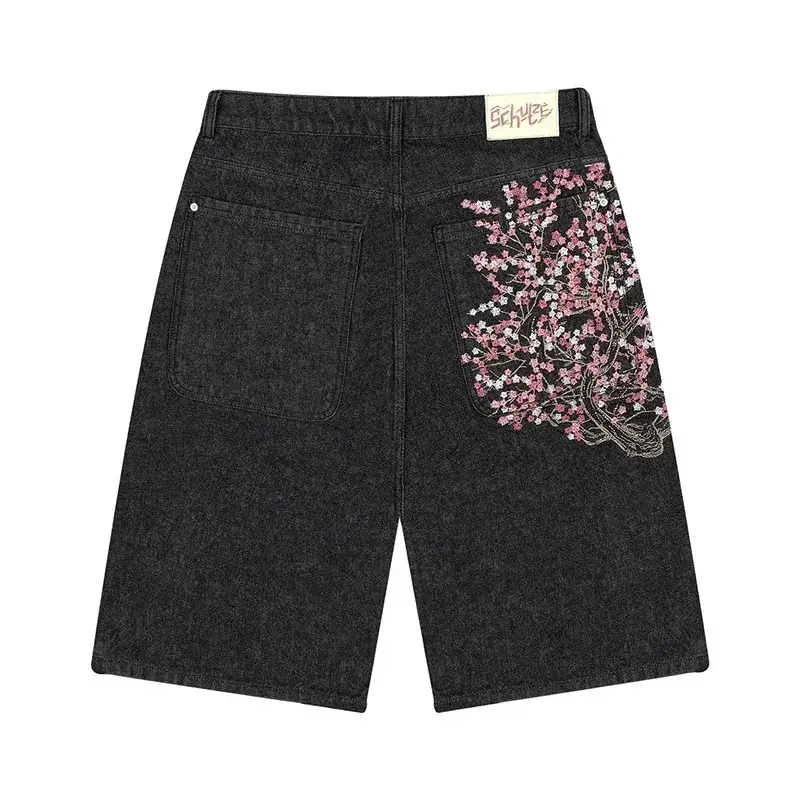 Cross-Border Street Fashion Retro Cherry Blossom Pattern Embroidered Black Denim Shorts Gothic Hip-Hop Men and Women Multi-Purpose Rest