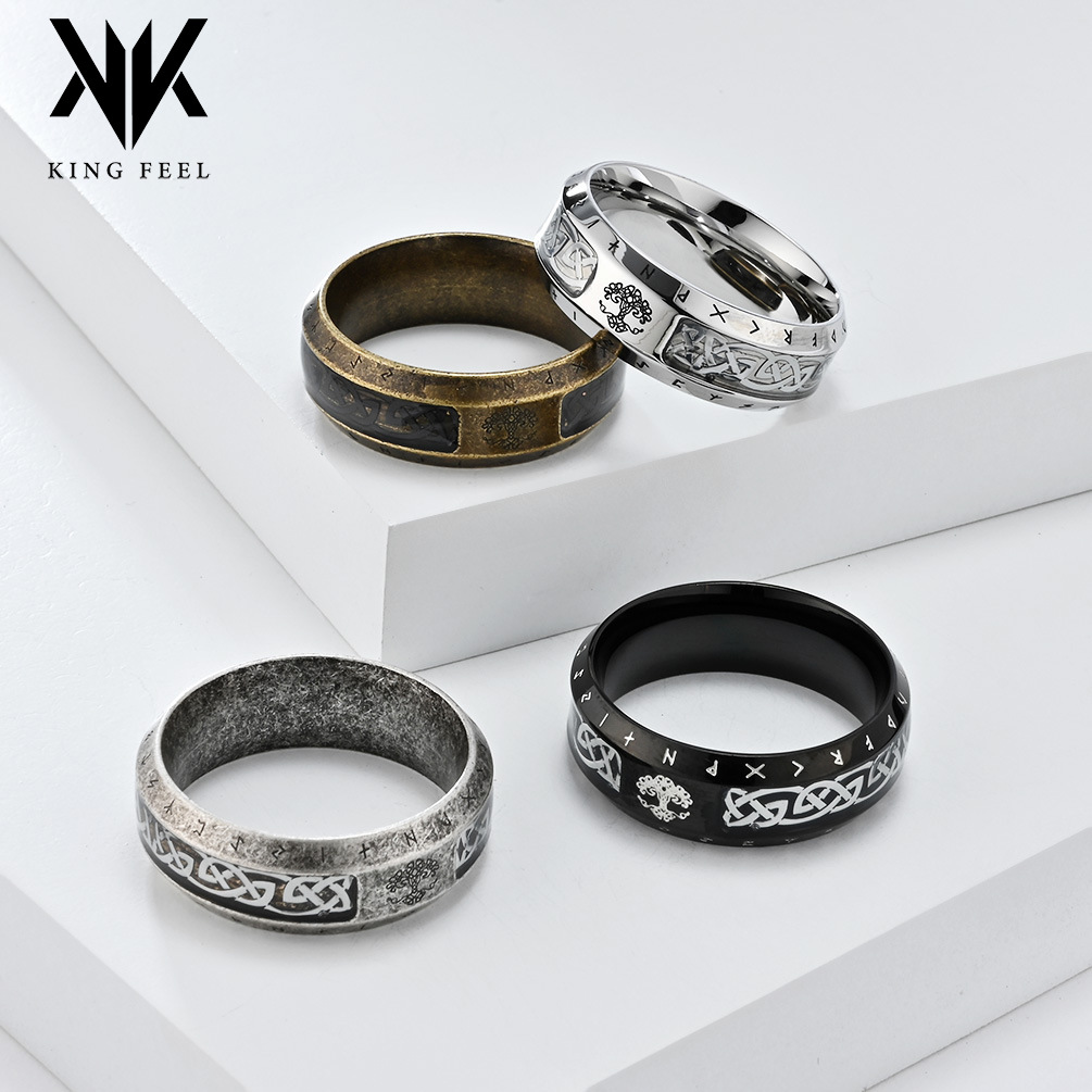 Retro Scandinavian Viking Text Titanium Steel Ring Niche Stylish Tree of Life Eternal Knot Hand Jewelry Viking
