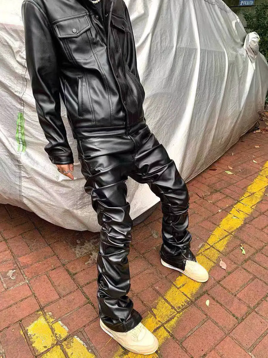 2025 American Niche Remake Handmade Patchwork Pleated Leather Pants Unisex Versatile Hip-Hop Leather Pants