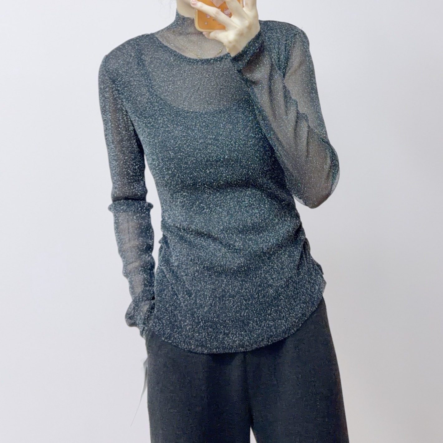 【Available for Sale at the Store】2026 New Spring and Autumn Slim-Fit Sexy Mesh Base Shirt with Silver Thread Mask Shirt 057
