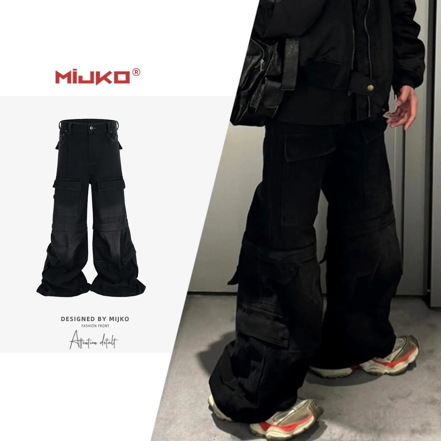 MIJKO Men's Women's Removable Distressed Jeans Men's and Women's Flared Cargo Old Wash Micro Raglan Work Pants