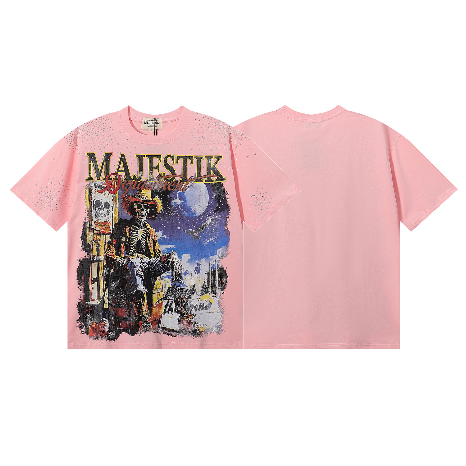 Majestik American-Style Skull Print Short-Sleeved T-Shirt for Men and Women Pink Rhinestone Rock Loose Casual Top Summer