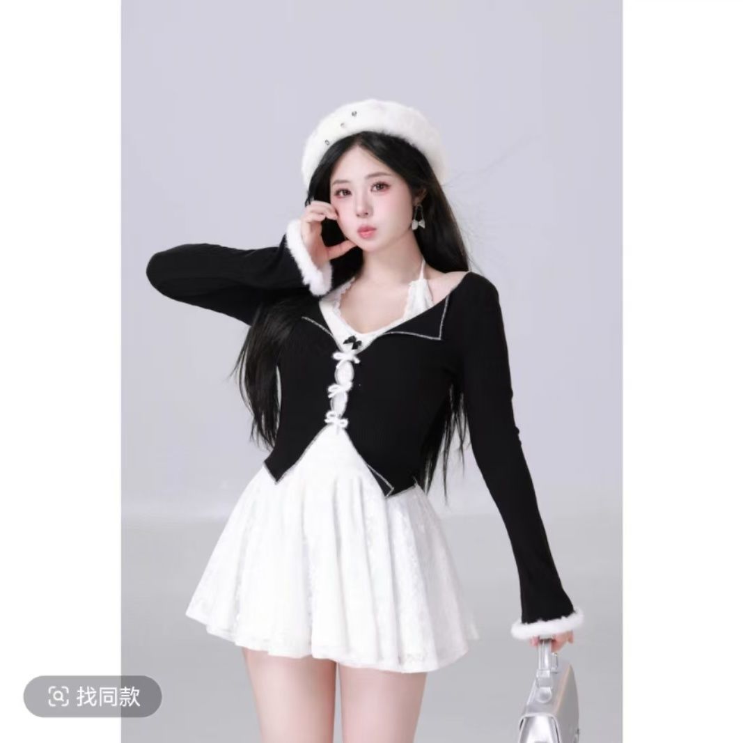 plus size Chubby Girls Spring and Autumn Tight Waist Slimming Pure Desire Style Knitted Cardigan Lace Inner Hanging Neck dress Two-Piece Set