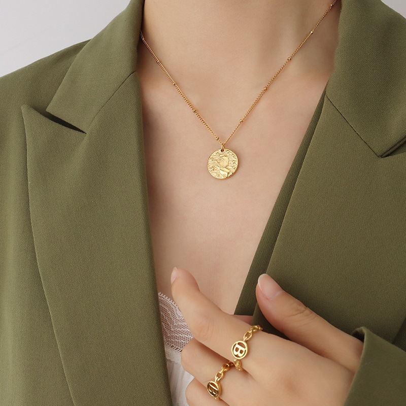 European and American Retro Cupid Angel Lion Coin Pendant Necklace Fashionable Titanium Steel Gold Plated Sweater Chain