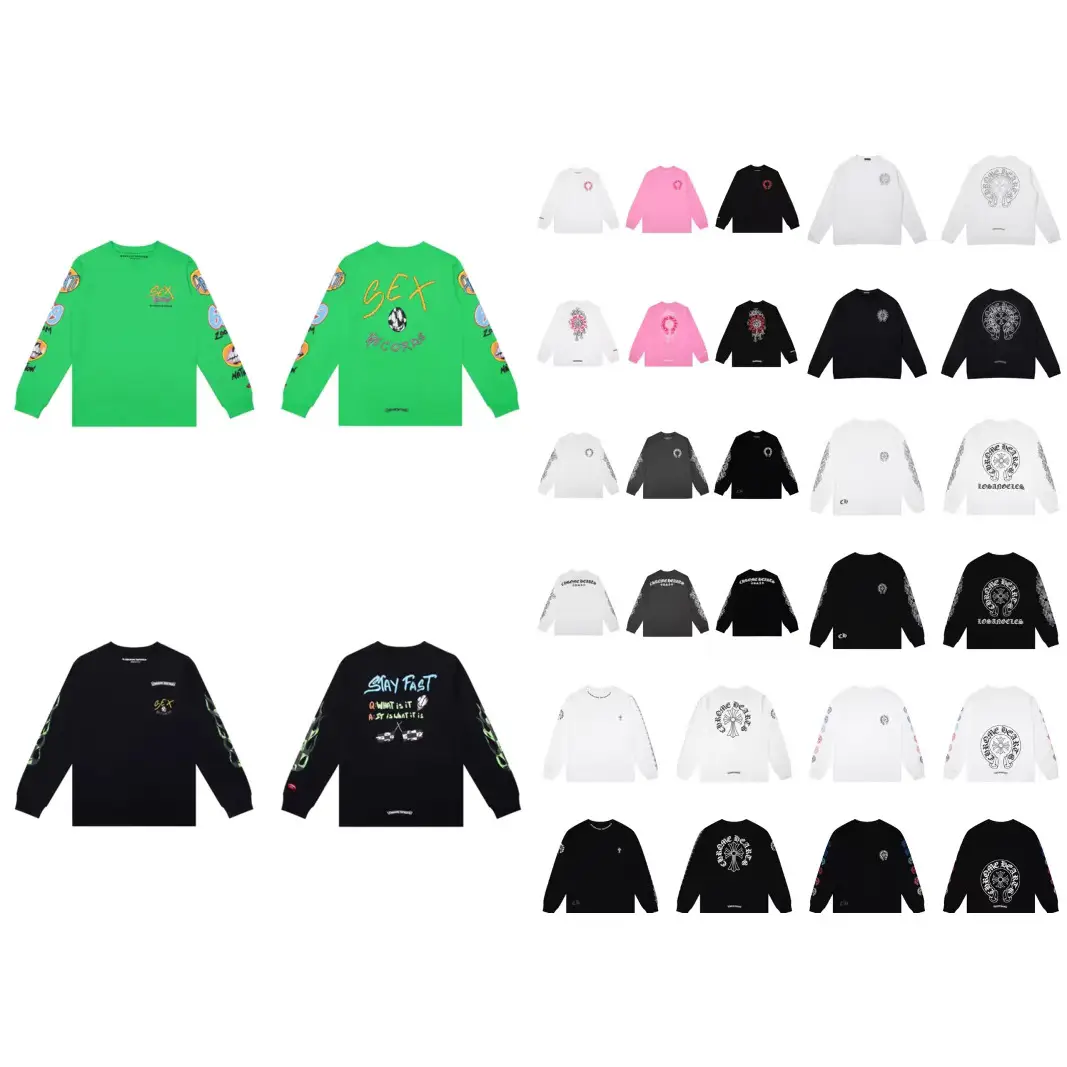 25 New Ch Crowe Horse Hoof Sanskrit Print Trendy Brand Popular Long-Sleeved T-Shirt Double Yarn Pure Cotton Same Style for Men and Women