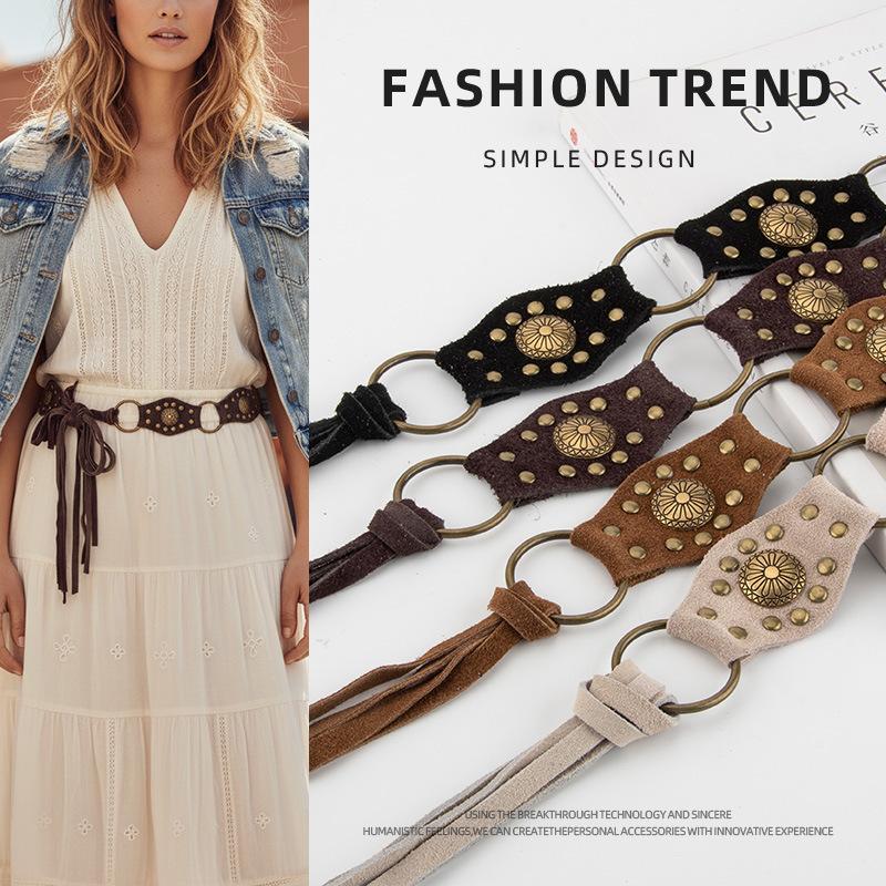 Personalized Western Cowboy Style Tassel Belt with Unique Buckle, Vintage Rivet Decoration, Alloy Metal Waist Chain for Dresses