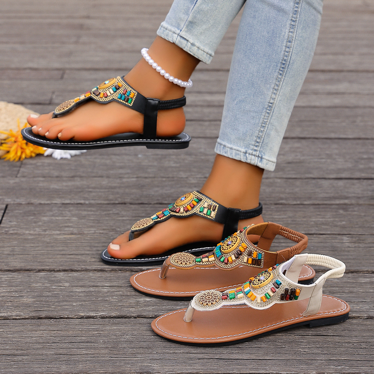 2026 New Cross-Border Large Size Sandals for Women Flat Beaded Ethnic Style European and American Outer Wear Thong Beach Sandals for Women
