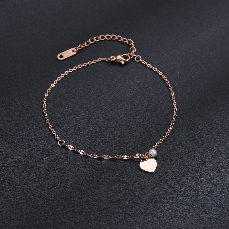 New Korean-style Light Luxury Love Heart Pearl Anklet Women's Lip Chain Titanium Steel O-shaped Chain Heart-shaped Steel Anklet Small Jewelry