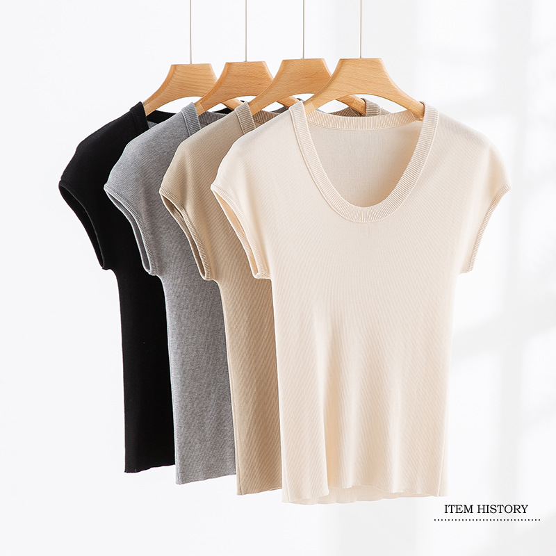 Summer New Style Lyocell Tencel U-Neck Flutter Sleeve Short-Sleeve Knit T-Shirt for Women, Simple and Versatile, Elegant Solid Color Top