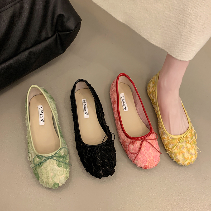 French-Style Bowknot Shallow-Mouthed Flats for Women, 2026 Spring New Flat Slip-On Ballet Shoes, Grandma Shoes