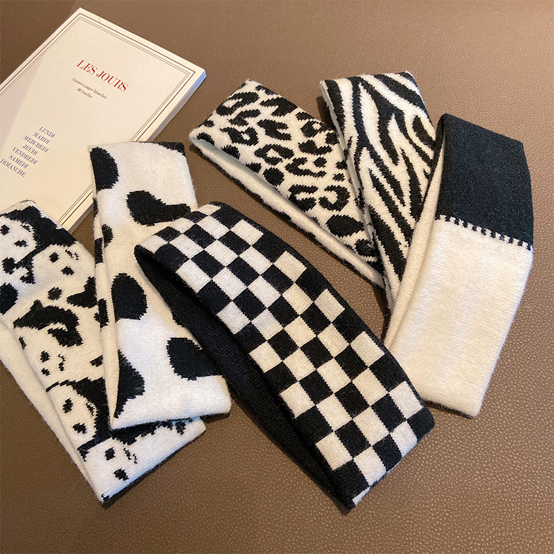 Internet Celebrity Black and White Plaid Headband Leopard Print Wide-brimmed Sport Sweat-absorbent Hair Band ins Face Wash Hair Band Headband Korean Headwear