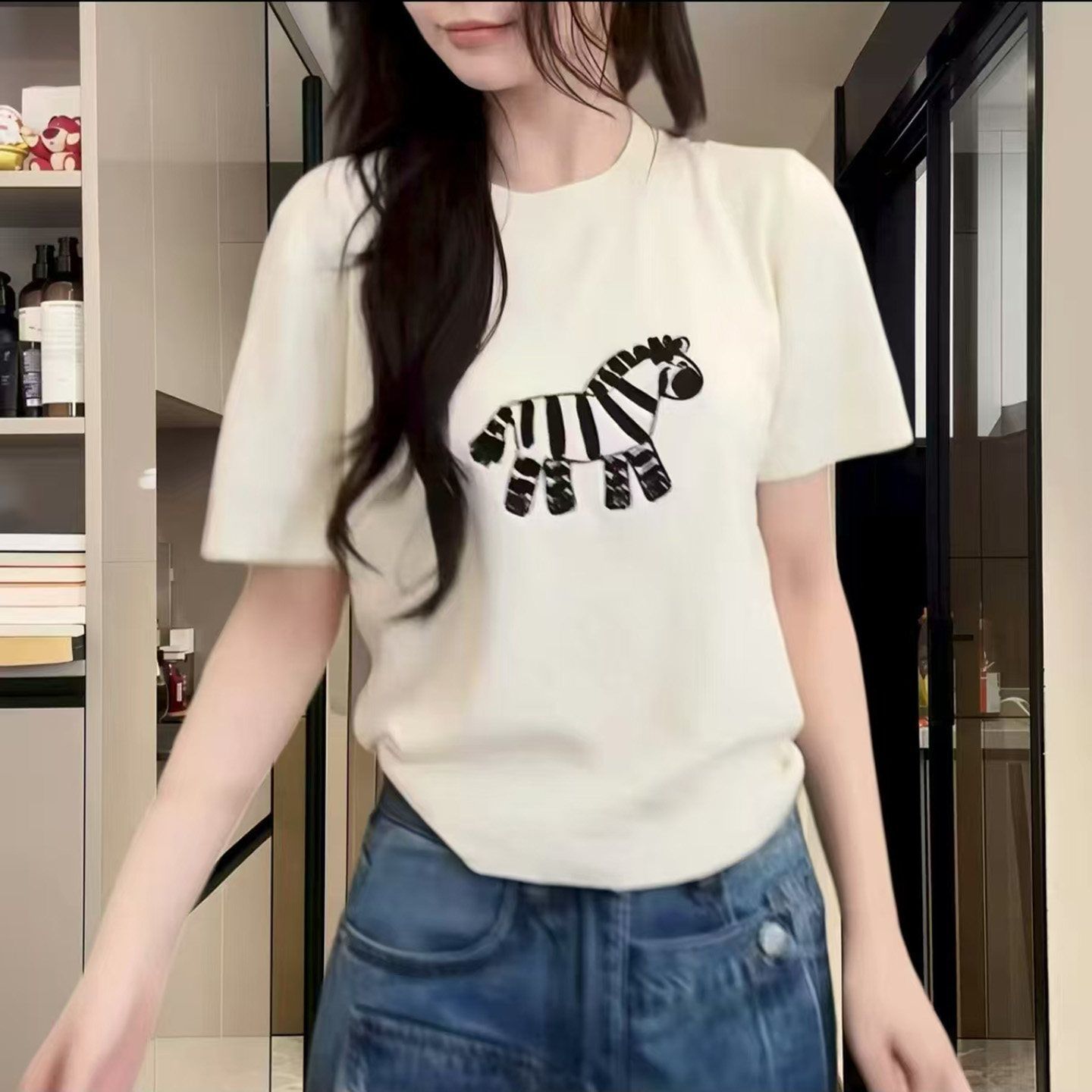 Korean-Style Pony Embroidery Simple Casual Knit Short-Sleeve Women's Summer New T-Shirt Loose Slimming Versatile Top Trendy