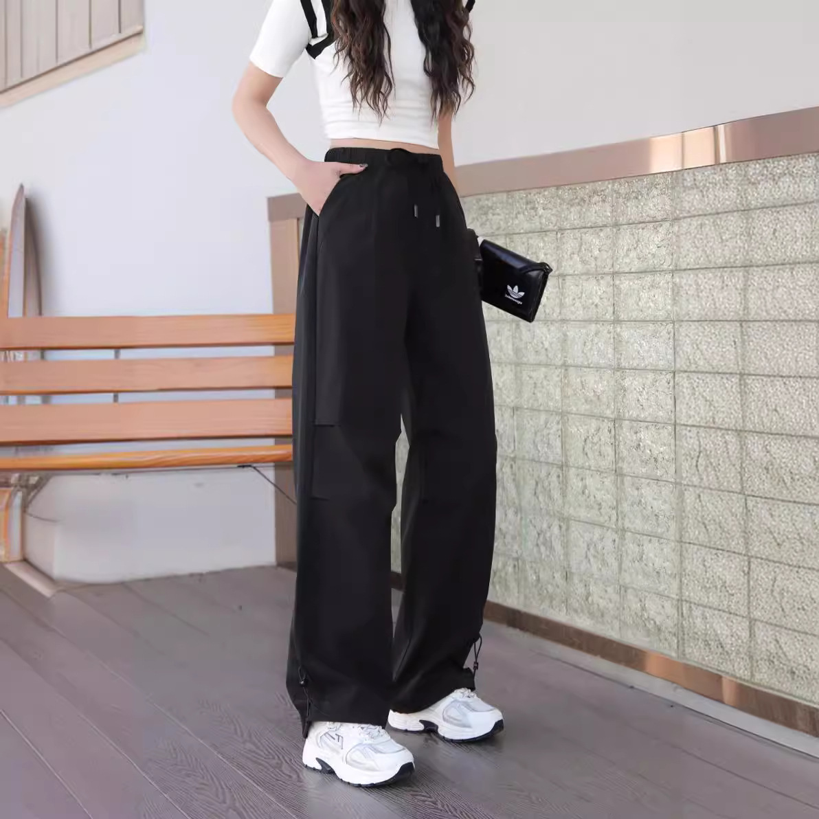007 Tooling Parachute Pants Women's Retro Loose Drawstring Fold Leg Lazy Casual Grey Straight Leg Pants