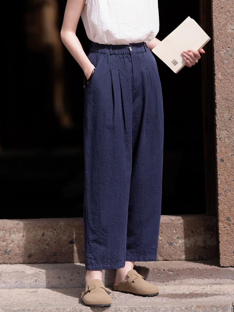 Cotton and Linen Women's Clothing, New Chinese Style Sand-Washed Linen Casual Balloon Pants, Women's Carrot Pants, Spring 26 Cotton and Linen Wide-Leg Pants