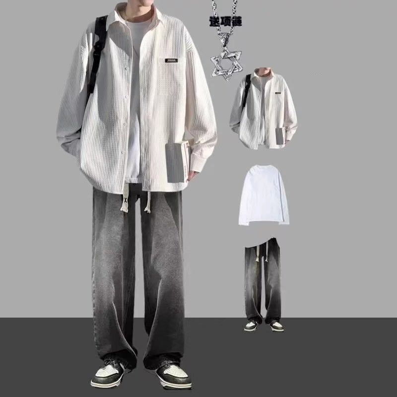 New Waffleted Striped Shirt Loose Casual Set with Jeans Boys suit Spring and Autumn Long Sleeve Shirt
