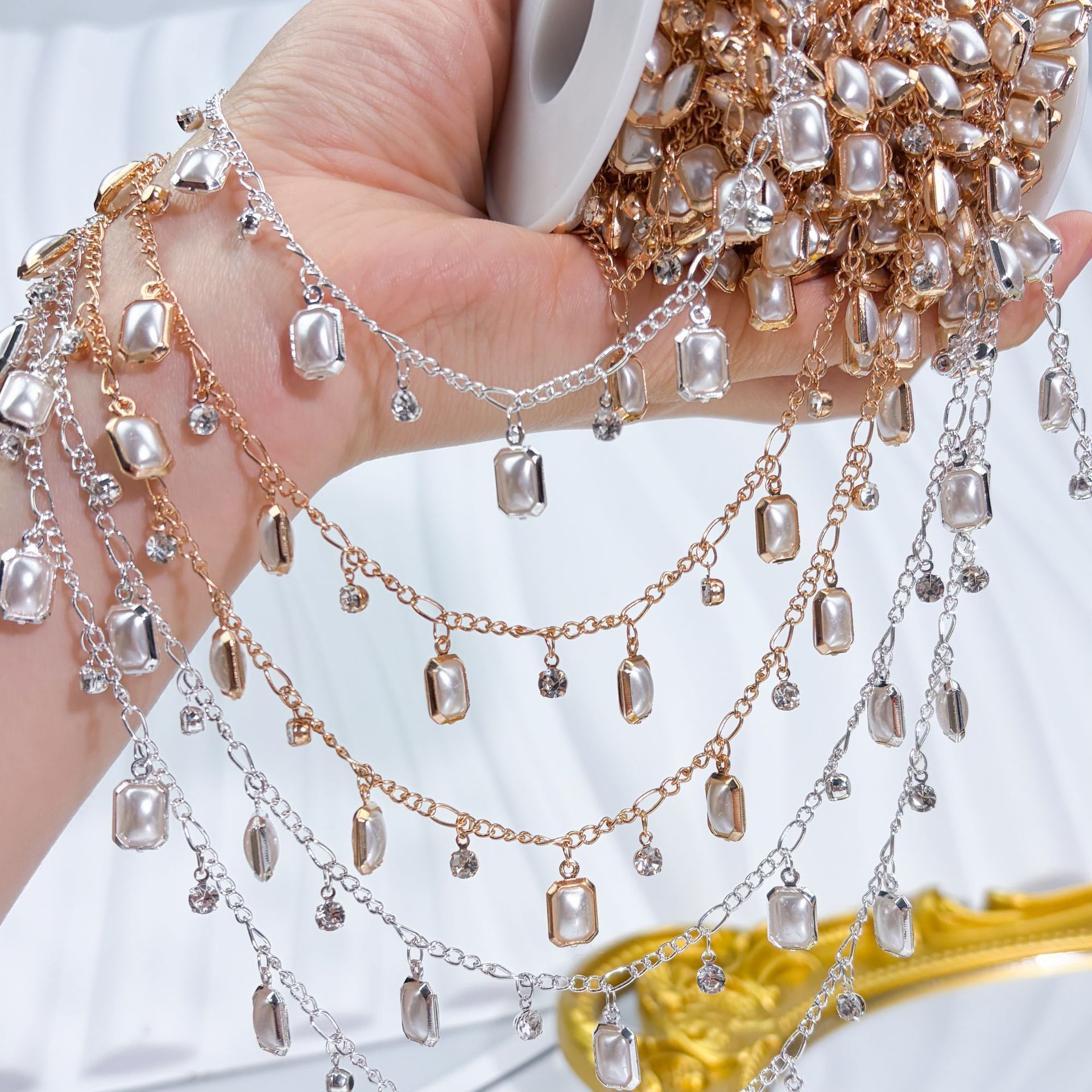 Chain DIY Rhinestone Pearl Chain Color-Preserving Bracelet Necklace Accessories Headscarf Clothing Materials Imitation Pearl Tassel Chain