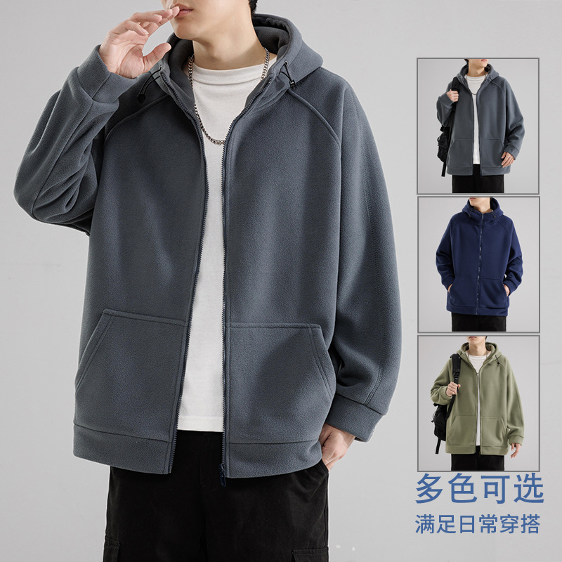 Fleece Cardigan Sweater Men's Spring Autumn and Winter Solid Color Zipper Hood Thickened Warm Top Jacket Men's Jacket
