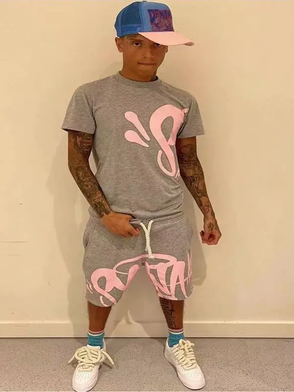 Y2k Aesthetic Male Gothic 2 Piece Set Hip Hop Alphabet T-Shirt Drawstring Wide Leg Shorts suit American College