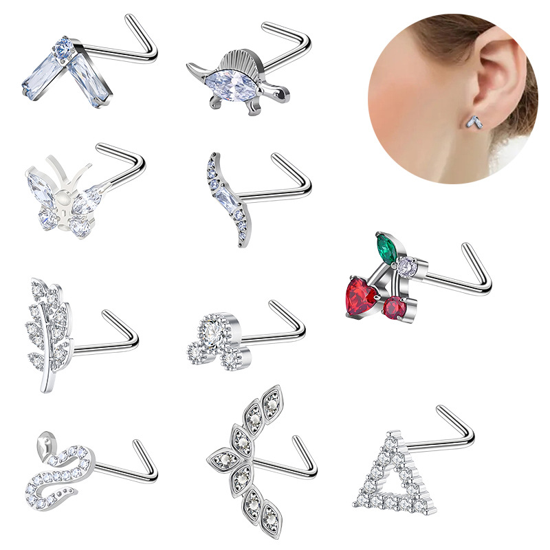 Ins-Style Stainless Steel Nose Studs and Rings, L-Bar Steel Color, Various Styles Available, Zircon Nose Studs and Rings Jewelry Wholesale