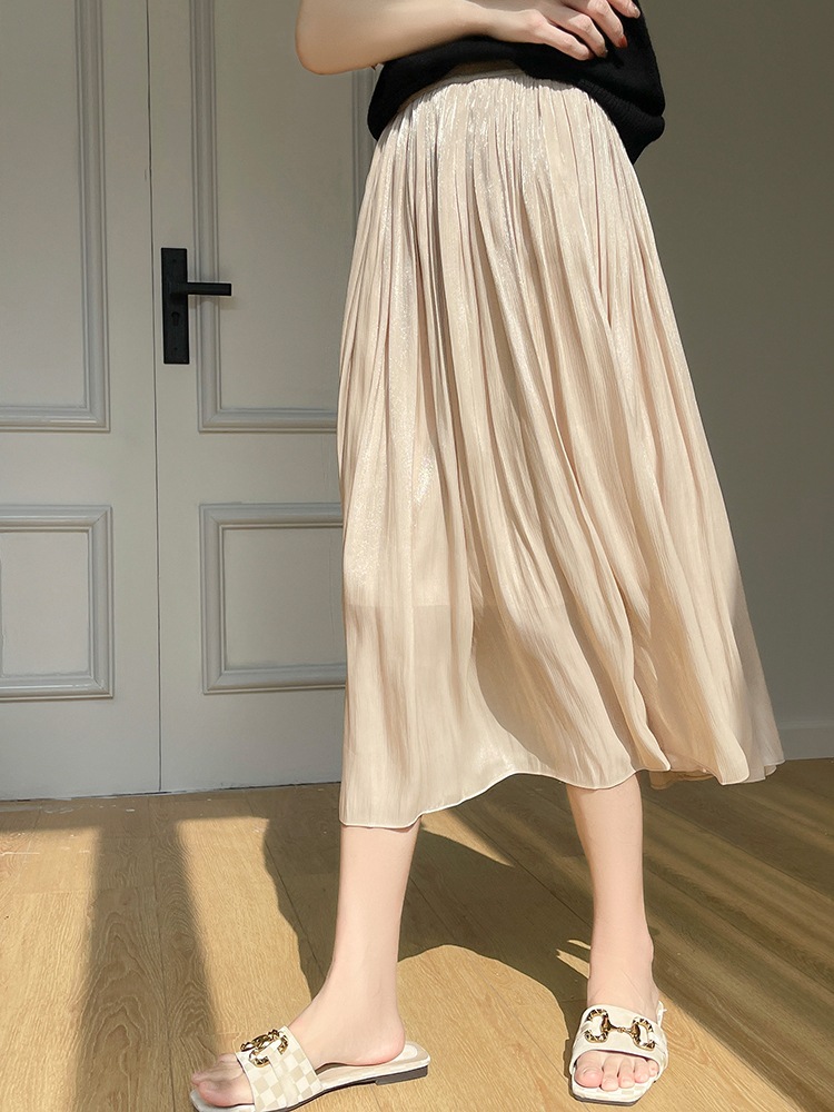 26 New Summer Style Flowing Gold Gauze Skirt, Slimming Pleated Skirt for Women, High-Waisted Mid-Length Umbrella Skirt, A-Line Skirt