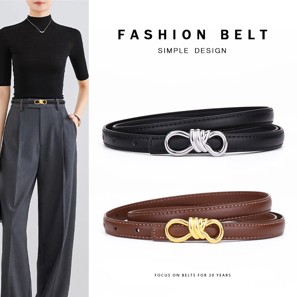 H Buckle Thin Belt for Women, Leather Knot Belt for Dresses and Pants, Slim Leather Belt for Women, Genuine Leather Waist-Cinching Fashion Accessory