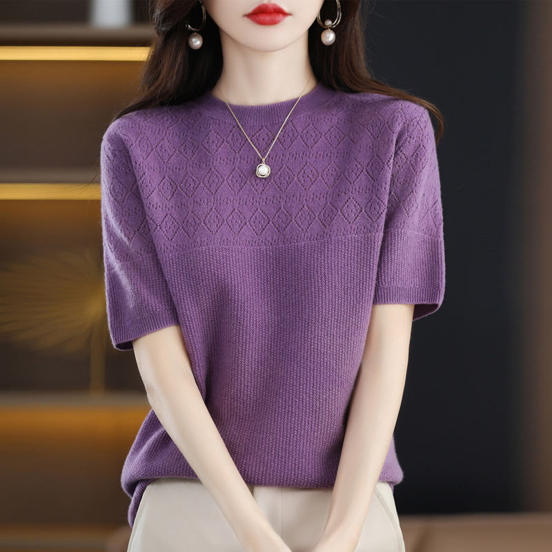 Spring and Summer New Arrival Diamond Hollow Knitted Shirt Short-sleeved T-shirt Women's Loose Round Neck Thin Explosive Base Shirt Sweater