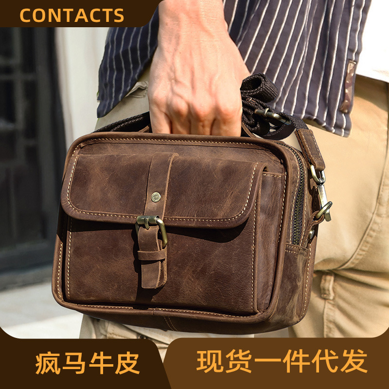 Black Angel Retro Crazy Horse Cowhide Men's Shoulder Crossbody Bag Can Hold 7.9inch iPad Men's Handbag