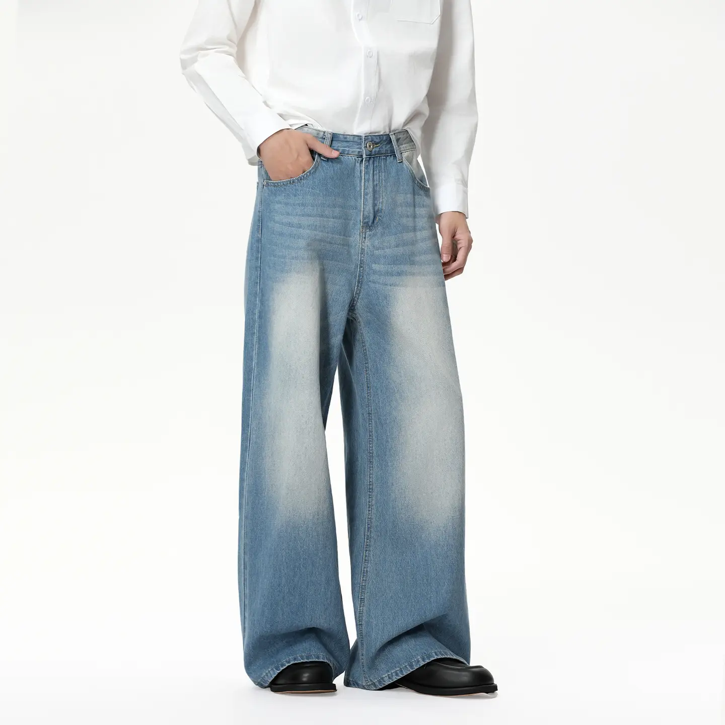 Mtlclothes Men's Clothing | Korean Style Classic Basic Distressed Faded White Drape Washed Denim Pants Versatile Trendy