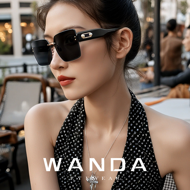 New Large Frame Sunglasses Tj716 Women's Sun Protection and Anti-Uv Sunglasses Fashionable Rimless Sunglasses Factory Direct
