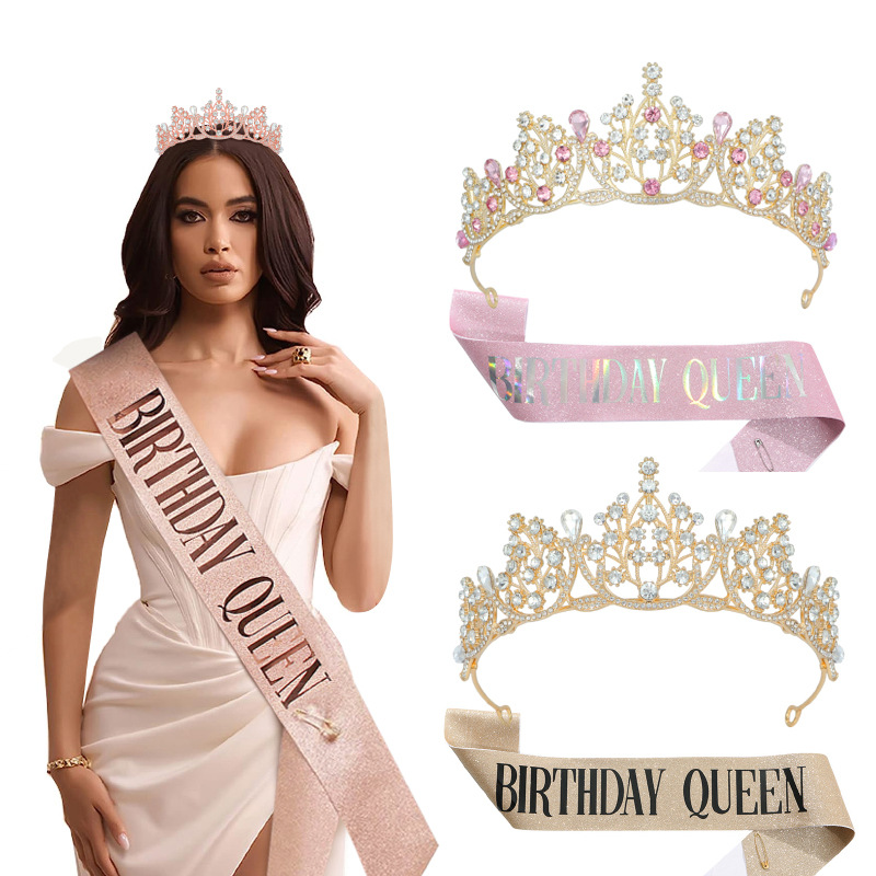 New Birthday Party Crown Shoulder Strap Birthday Queen Rose Gold Set Party Belt Decorative Headdress