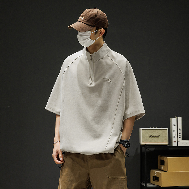 2026 New Style American-Style Half-Zip Trendy Half-High Collar T-Shirt Polo Shirt for Men, Solid Color Loose Fit Five-Quarter Sleeve T-Shirt
