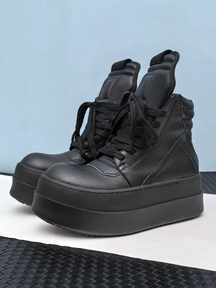 Ro Shoes Men's New Genuine Leather Thick-Soled High-Top Shoes Fashion Versatile Sports and Leisure Sneakers Lace-Up Short Boots for Women