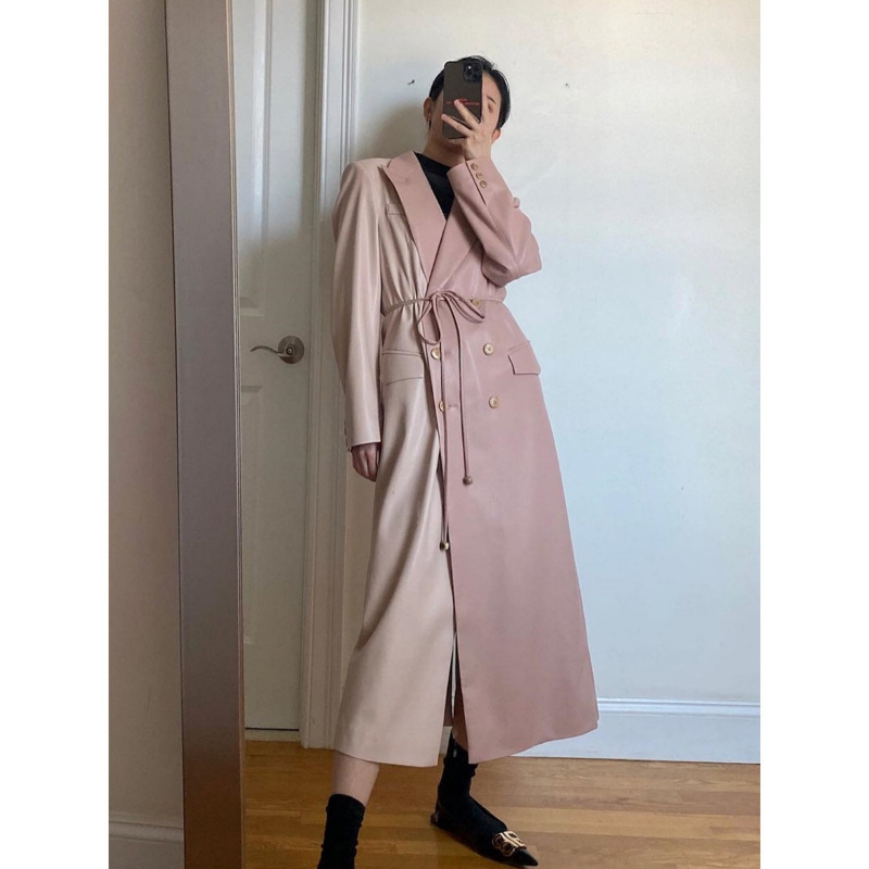 Longmei Patchwork Faux Leather Long Trench Coat for Women 2025 Autumn/Winter New Nanu Style Versatile Belted Double-Breasted Jacket