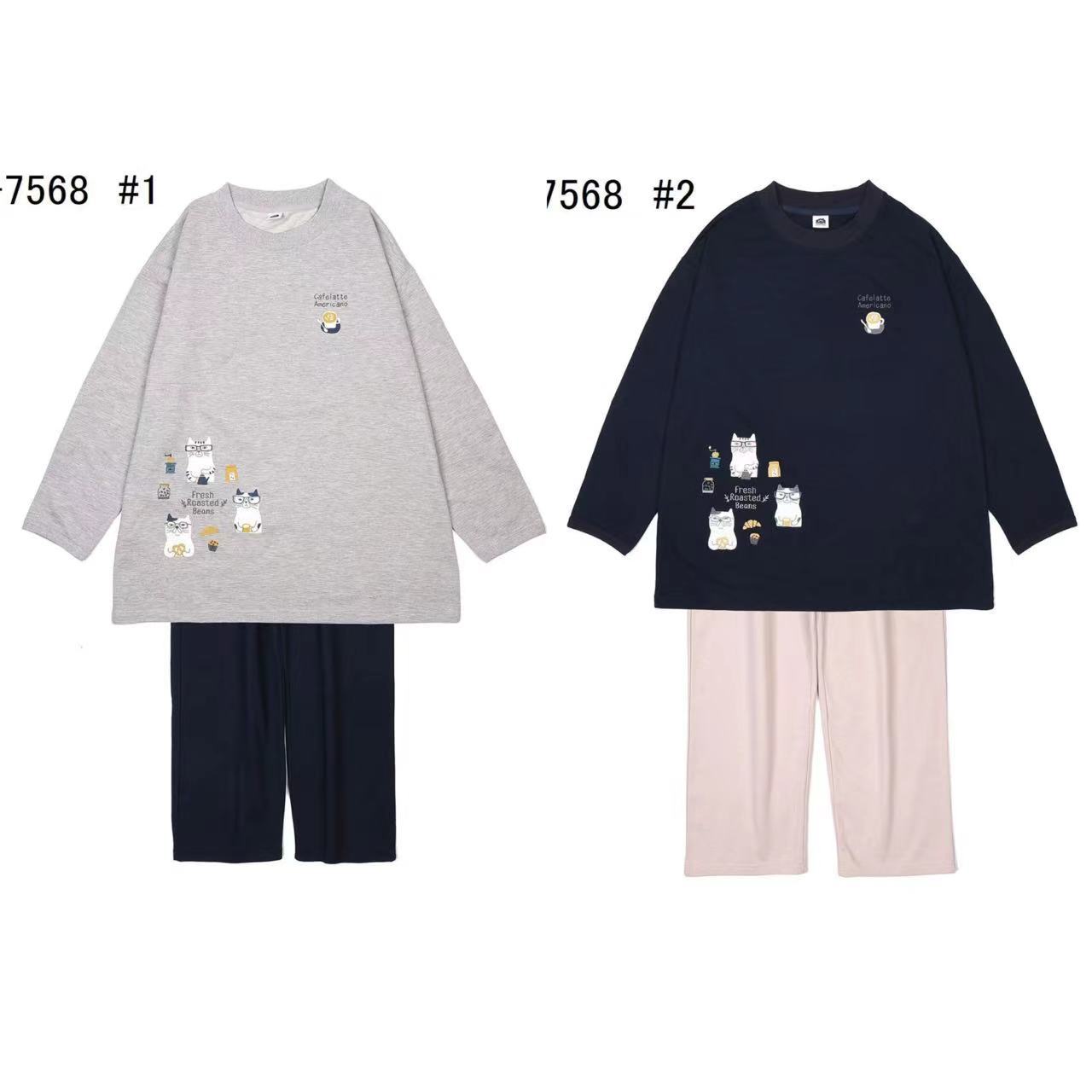 Japanese Kusuguru Home Suit Round Neck Comfortable Cat Embroidered Long-Sleeved Pants Sweatshirt Suit for Women 231
