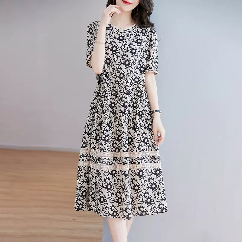 Hangzhou 100% Mulberry Silk Printed Dress Summer Short-Sleeved Silk Dress Mid-Length Floral Dress Versatile