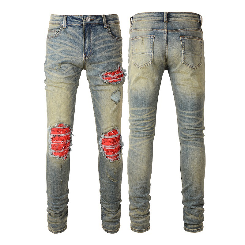 American-Style Vintage Men's Ripped Jeans, High Street Paisley Slim-Fit Jeans for Men