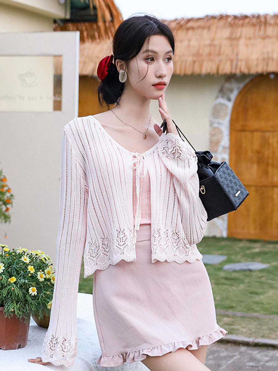 Feiyuan's New Spring and Summer Style Cut-Out Lace-Up Knitted Jacket for Women, Sweet and Fresh Pink Short Lightweight Top
