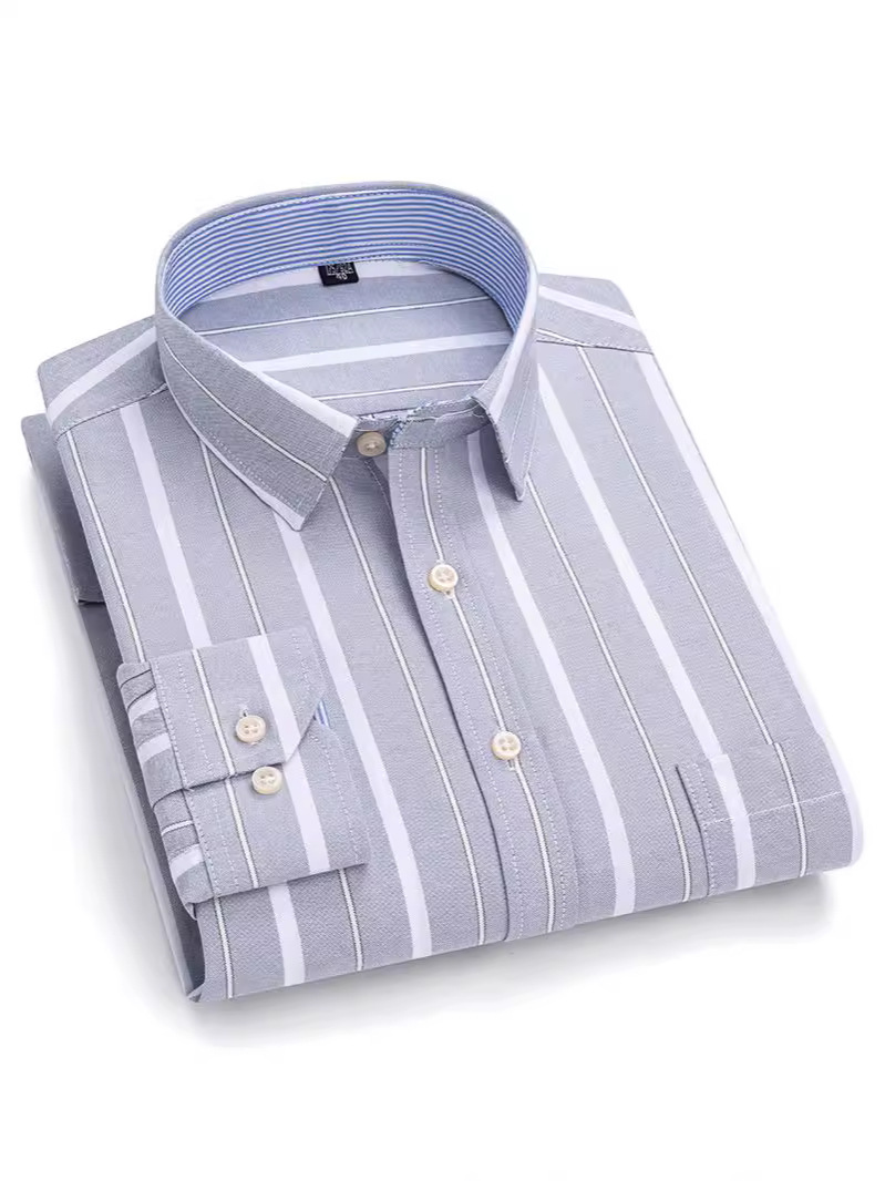 Cross-Border Autumn New Striped Long-Sleeve Shirt, All-Cotton Oxford Fabric, Washed Casual Men's Cardigan Button-Down Shirt